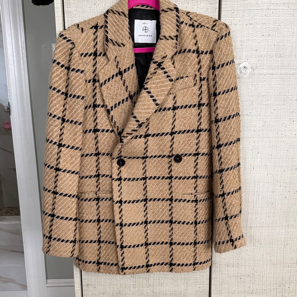 Anine Bing Tan and Black Kaia Plaid Blazer